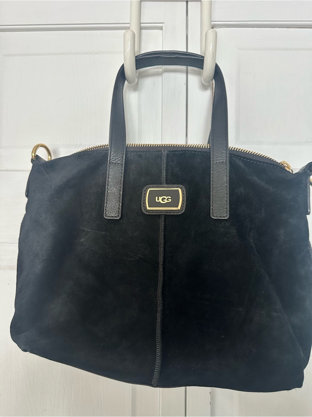 UGG Black Suede Satchel with Gold Logo Accent